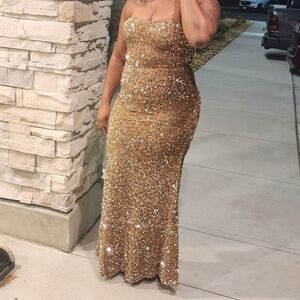 JUNIOR Gold Sequin Strapless Dress Size LARGE. WOMEN  FORMAL PARTY LONG GOWN Lg